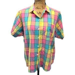 Vintage Alison Craig Pastel Plaid Button Up Blouse Coastal Grandmillennial sz 18